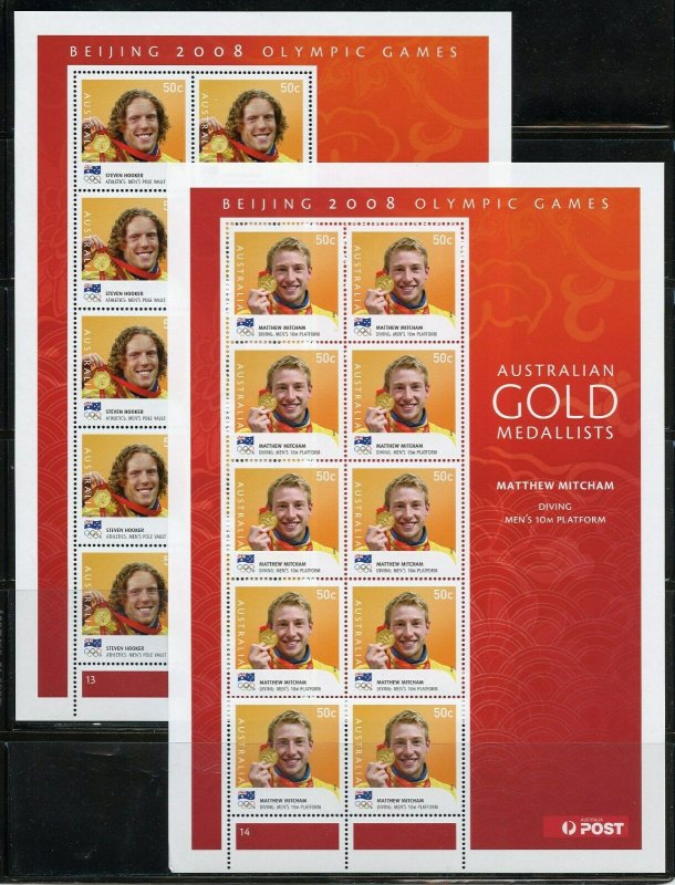 AUSTRALIA 2008 GOLD MEDAL WINNERS set of 14 MINIATURE SHEETS OF 10 EACH  MINT NH