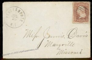 USA 1860s PLATTSMOUTH Nebraska Territorial to Maryville MO Cover 88554