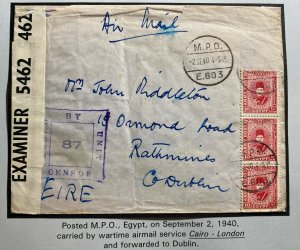 1940 Military Post Office Egypt Censored Airmail Cover To Dublin Ireland