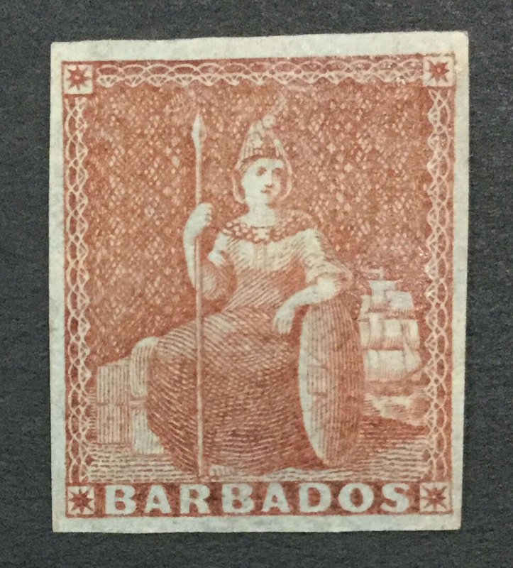 MOMEN: BARBADOS SG #5 BLUE PAPER 1852-5 MINT OG H LOT #192430-1205