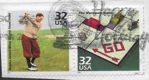 US #3185n,o used on piece. Golf, Monopoly. Celebrate the Century 1930's.