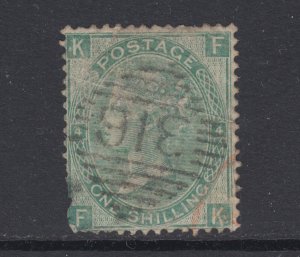 Great Britain Sc 54 used. 1867 1sh green QV, 316 in Grid cancel, perf faults