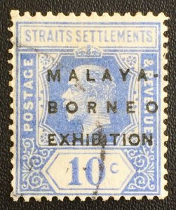 MALAYA BORNEO EXHIBITION MBE Straits Settlements KGV 10c No Stop USED SG#254f