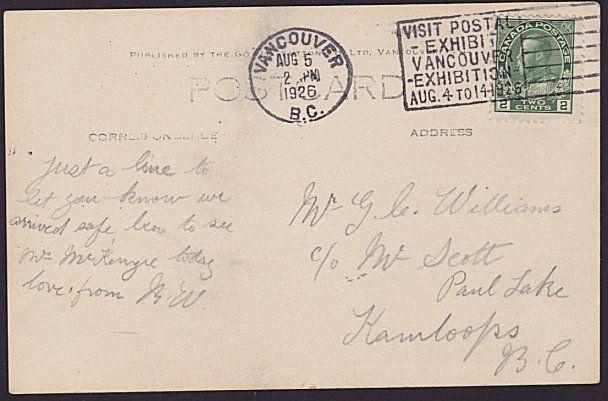 CANADA 1926 postcard ex Vancouver - Stamp exhibition slogan cancel..........7667