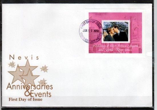 Nevis, Scott cat. 1156. Wedding of Prince Edward s/sheet on a First day cover