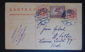 1927 Przemysi Poland Uprated Postal Stationery Postcard Cover to Tirol Stamp Dea