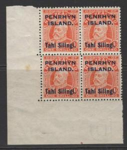 PENRHYN ISLAND SG23 1914 1/- VERMILION MNH BLOCK OF 4 TONE SPOT IN MARGIN