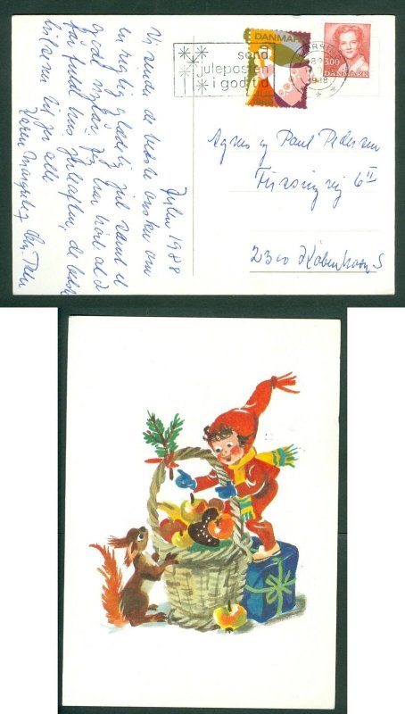 Denmark. Christmas Card 1988. Seal+ 3.00 Kr. Hjorring.Santa,Giftbasket, Squirrel