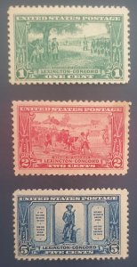 US 617-619, Lexington-Concord 1925, 617 MNH, 618-9 MH, CV - $22.75