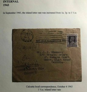 1943 Calcutta India On His Majesty Service Official Cover Locally Used
