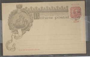 Macao (Macau)  1898 3 avos Postal Card, CTO 3.MAI. 98, faint toning