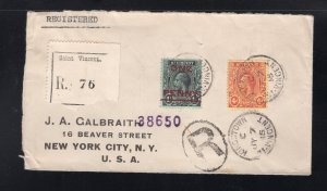 St. Vincent 1915 Registered to New York franked 1p on 1sh & 4p, Scott 117, 109