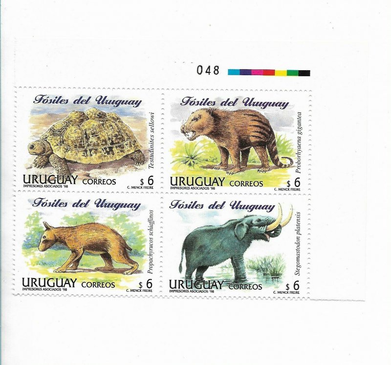 URUGUAY 1998 FOSSILS PREHISTORICAL ANIMALS DINOSAURS BLOCK OF FOUR MINT NH 