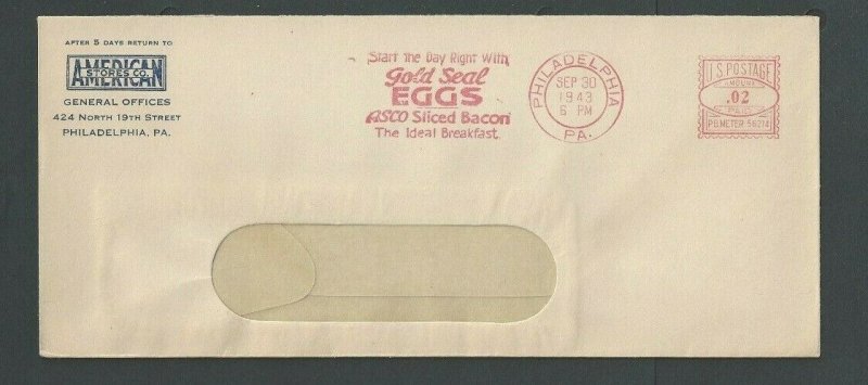 DATED 1943 COVER PHILA PA AMERICAN STORES CO ADV EGGS & BACON IN METER