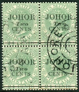 JOHORE-1891 2c on 24c Green.  A fine used block of 4 Sg 17