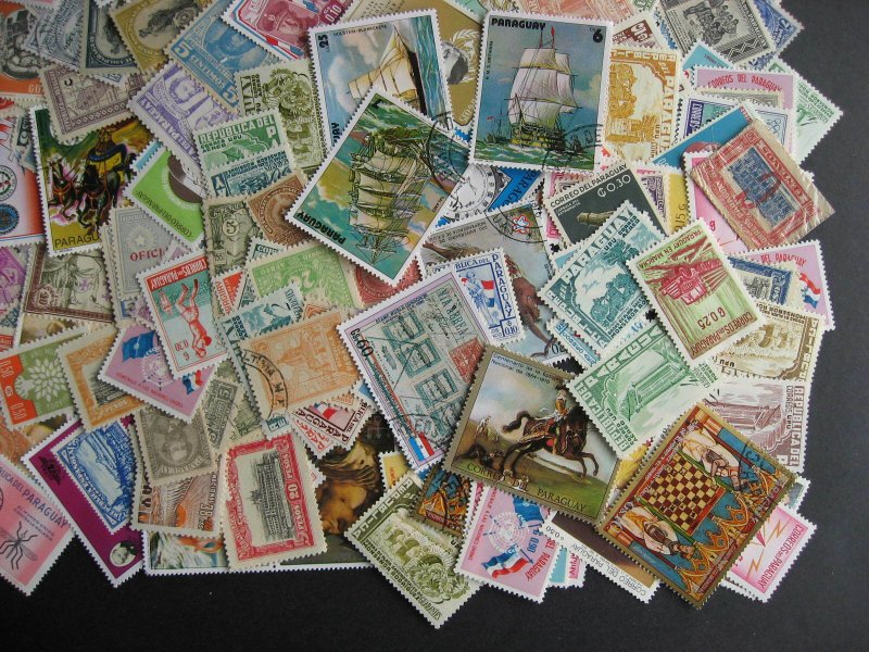 Paraguay scrap pile (duplicates, mixed cond) estimate 350 stamps