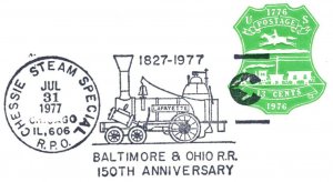 US SPECIAL POSTMARK EVENT COVER BALTIMORE & OHIO RAILROAD CHESSIE STEAM 1977