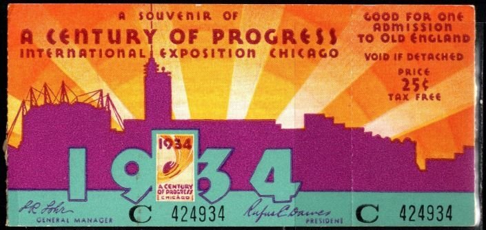 1934 US A Century Of Progress International Exposition Chicago Ticket w/Stub