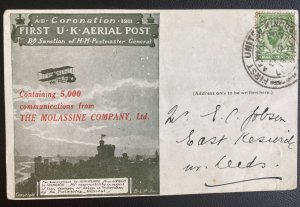 1911 London England First Coronation Flight Airmail Postcard Cover To Leeds