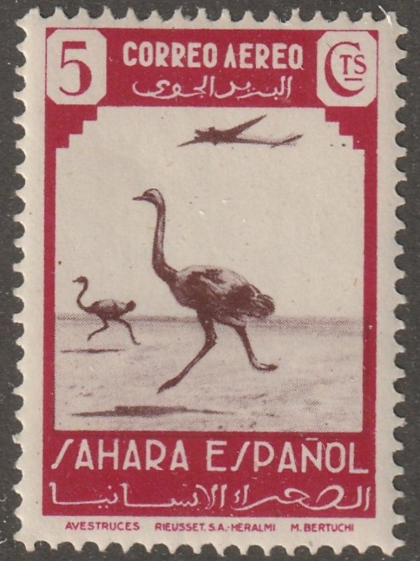 Spanish Sahara, stamp, Scott#c8, mint, never, hinged, Ostrich. plane Air mail,