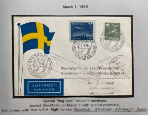 1946 Stockholm Sweden First Flight Airmail Cover To Dublin Ireland Flag Cachet