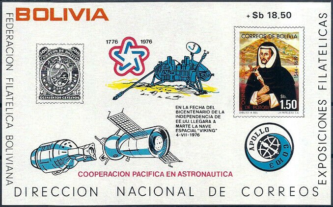 1976 Bolivia Apollo Sojus, Mars, Viking, Space, Sheet Nr. 72, VF/MNH CAT 40$