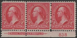 US #279B SCV $85.00 PLATE STRIP OF 3, VF mint never hinged, fresh color and n...