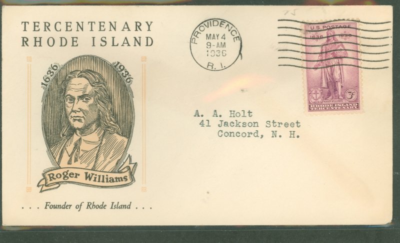 US 777 1936 Rhode Island/Roger Williams on an addressed (typed) FDC with a Linprint cachet