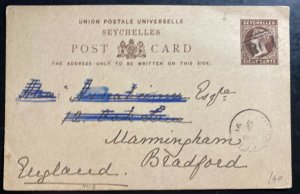 1891 Seychelles Stationery Postcard Cover To Bradford England