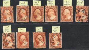 #10, USED GROUP OF 10 DIFF PLATED COPIES Cat $2,480.00