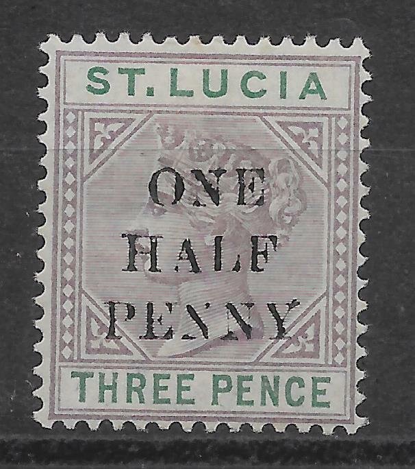 ST.LUCIA SG53b 1891 ½d ON 3d DULL MAUVE & GREEN SMALL A IN HALF VAR MTD MINT