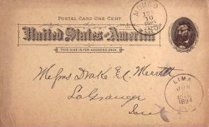 United States Indiana Lima 1894 target  Forwarding mark  1833-1909  Postal Ca...
