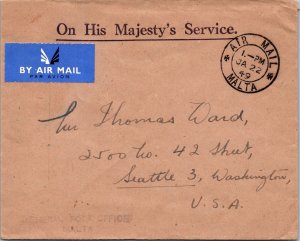 Malta 1949 - Airmail - OHMS Official Cover - F51621