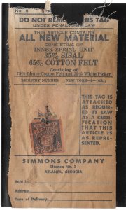 Georgia Bedding Inspection State Revenue Stamp on Tag #BD3? (15405)
