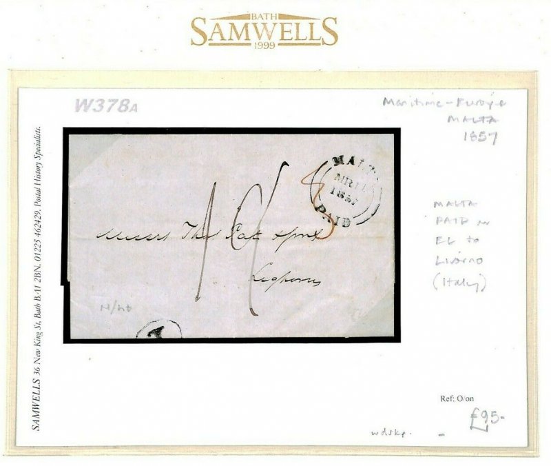 MALTA PAID CDS Cover 1857 Leghorn Livorno Italy Letter {samwells-covers}W378a