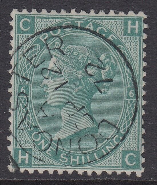 SG 117 1/- green plate 6. Superb used with a Doncaster Sept 12th 1872 CDS