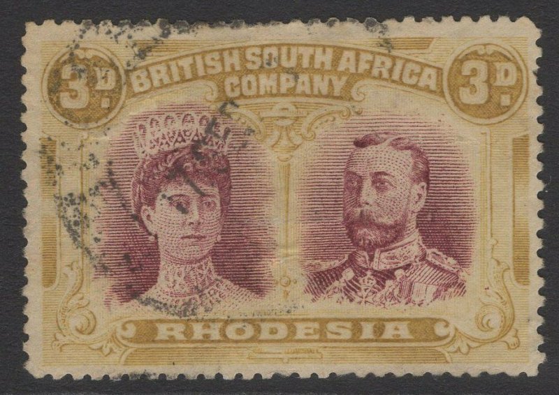 RHODESIA SG173a 1910-3 3d CLARET & PALE YELLOW-OCHRE p15 USED