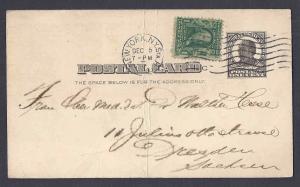 1908 POSTAL CARD UX19 TO DRESDEN GERMANY W/1c #300,