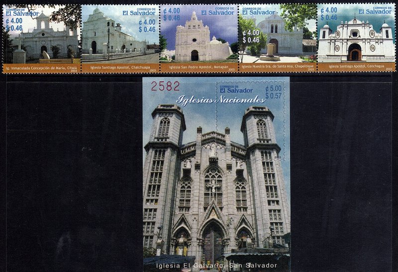 EL SALVADOR CHURCHES, STRIP of 5v + S/S Sc 1591-2 MNH 2003