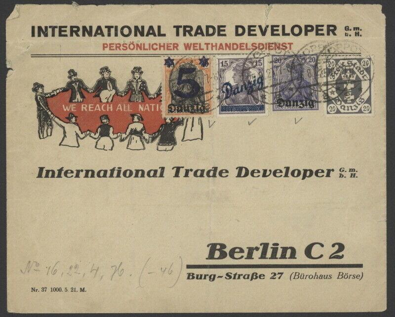 Danzig 19, 37, 4 & 66 on 1927 Intl Trade Developer illus adv cover w/Zoppot pmks