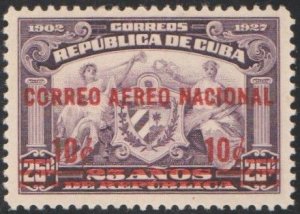 1930  Cuba Stamps Sc C3 Arms of Republic Surcharged in Red  NEW