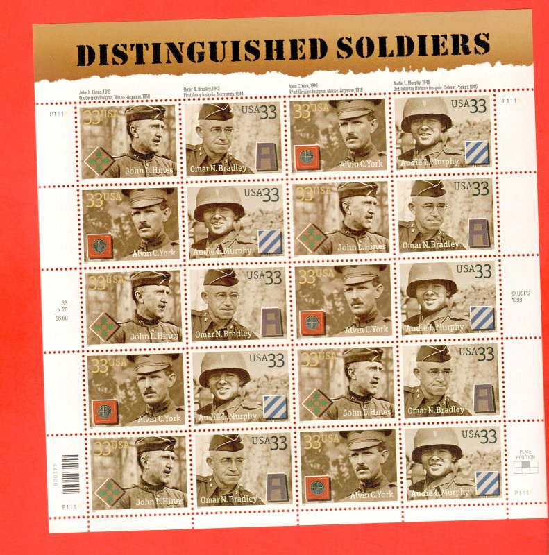 3393-96 Distingushed  Soldiers  SHEET  33¢  FACE  $6.60   MNH  1999