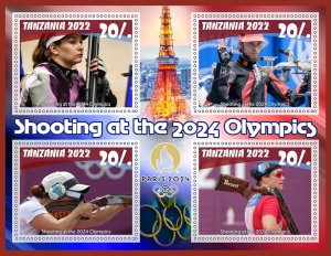 Stamps. Olympics games in Paris Shooting 2024 Tanzania 2022 year 1+1 sheet perf