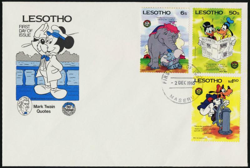 Lesotho 502,4,9 on FDC - Disney, Mark Twain, Elephant