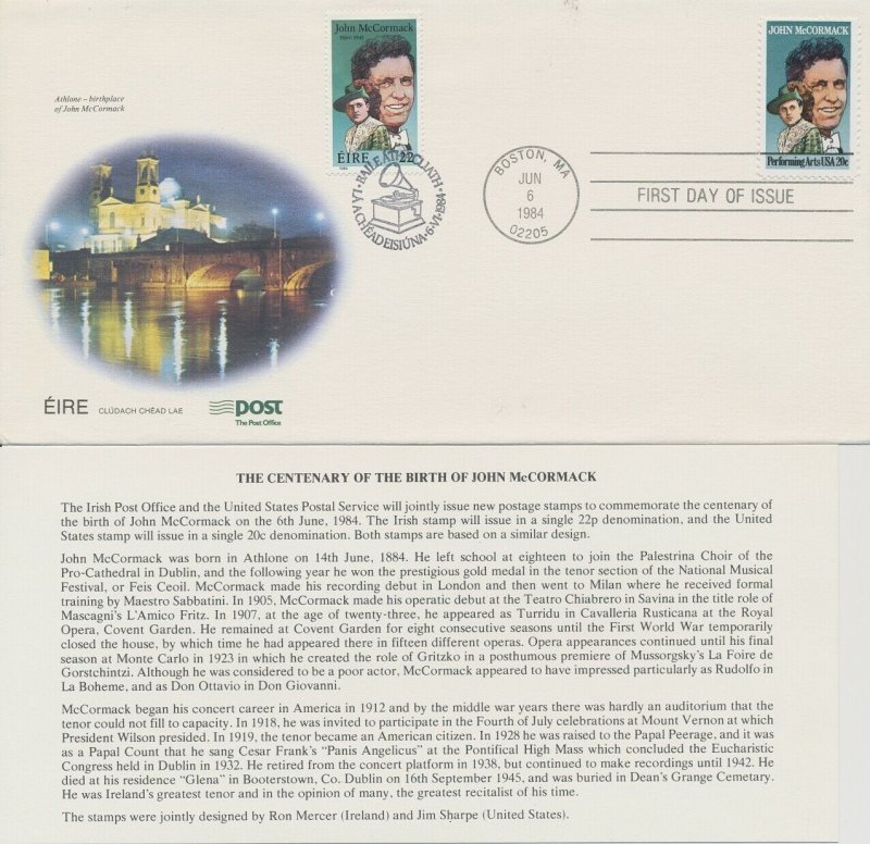 #2090 John McCormack Joint Issue Ireland Post cachet First Day cover with enclos 