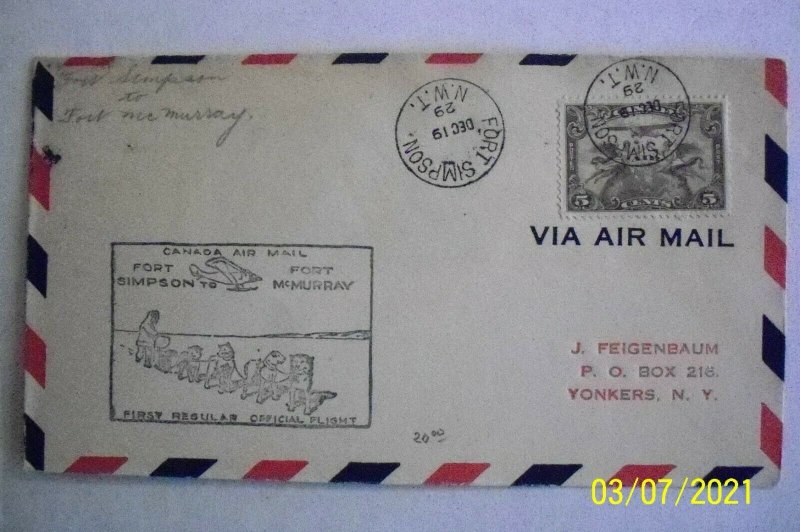 Canada FFC First Flight Cover 1929 Fort Simpson-Fort McMurray