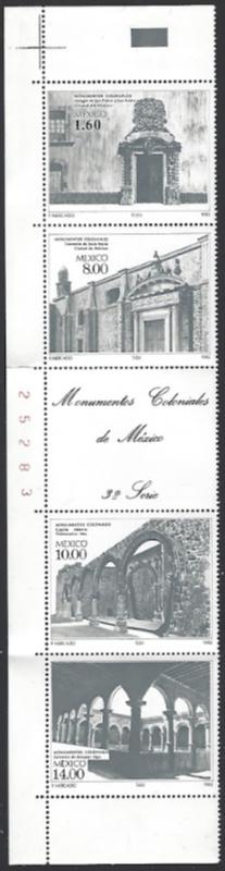 Mexico #1306a MNH Strip of 4 + Label cv $15 (2 Folds Along Perfs)