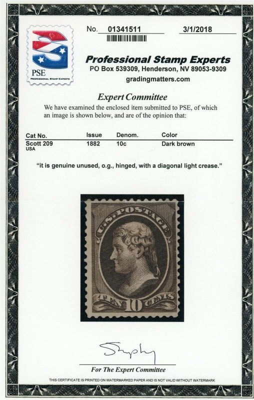 US Stamp #209 Jefferson 10c - PSE Cert - Mint Hinged - CV $160.00 