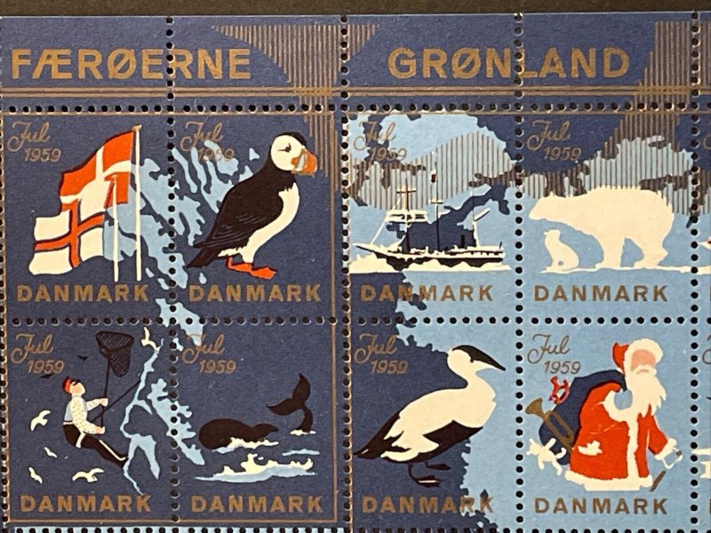 1959 Denmark “Glaedelig Jul” Christmas Seals, Intact Mint Sheet/50, MNH