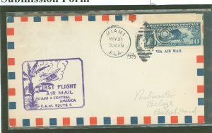 US C10a Foreign airmail flight from Miami to Belize, British Honduras.  Cover franked with a tab single from the first airmail b